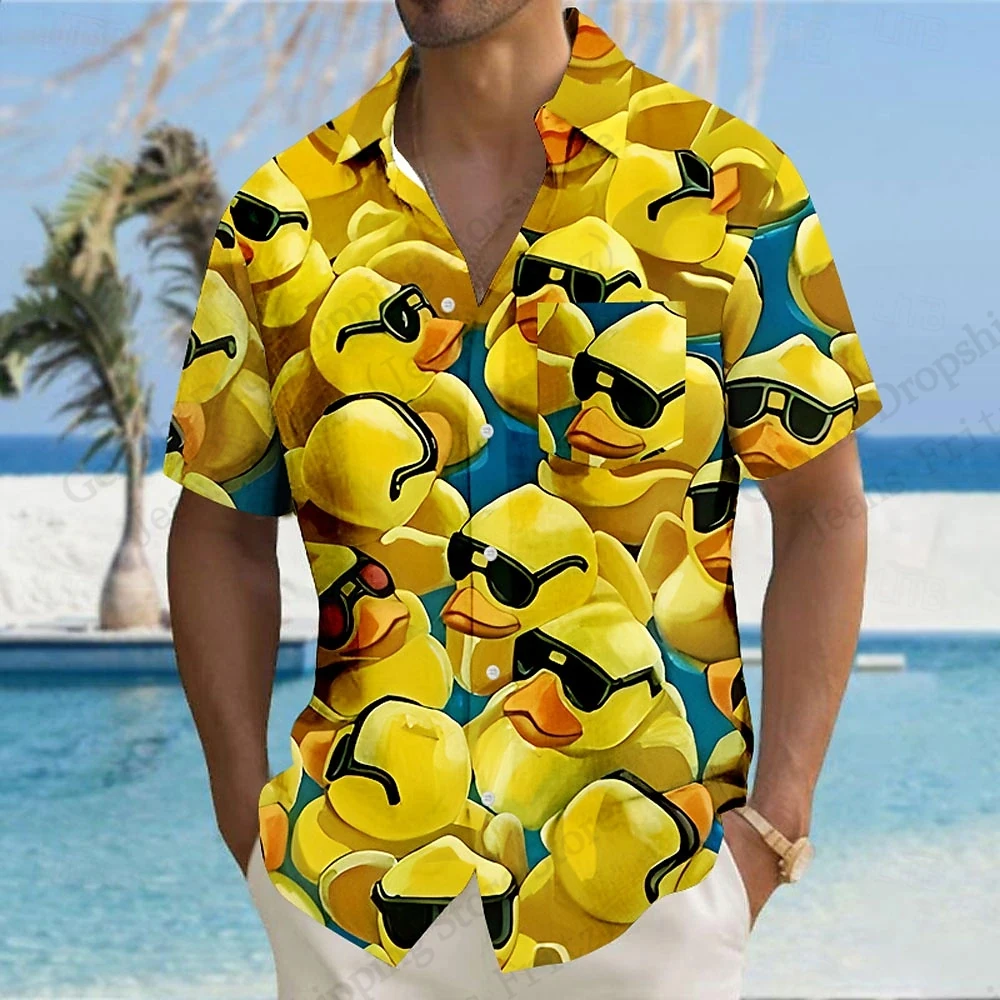 الحيوان بطة قميص هاواي صيفي لطيف بطة ثلاثية الأبعاد طباعة قمصان الرجال النساء موضة قصيرة الأكمام واحدة الصدر بلوزة الشاطئ الشارع camiseta