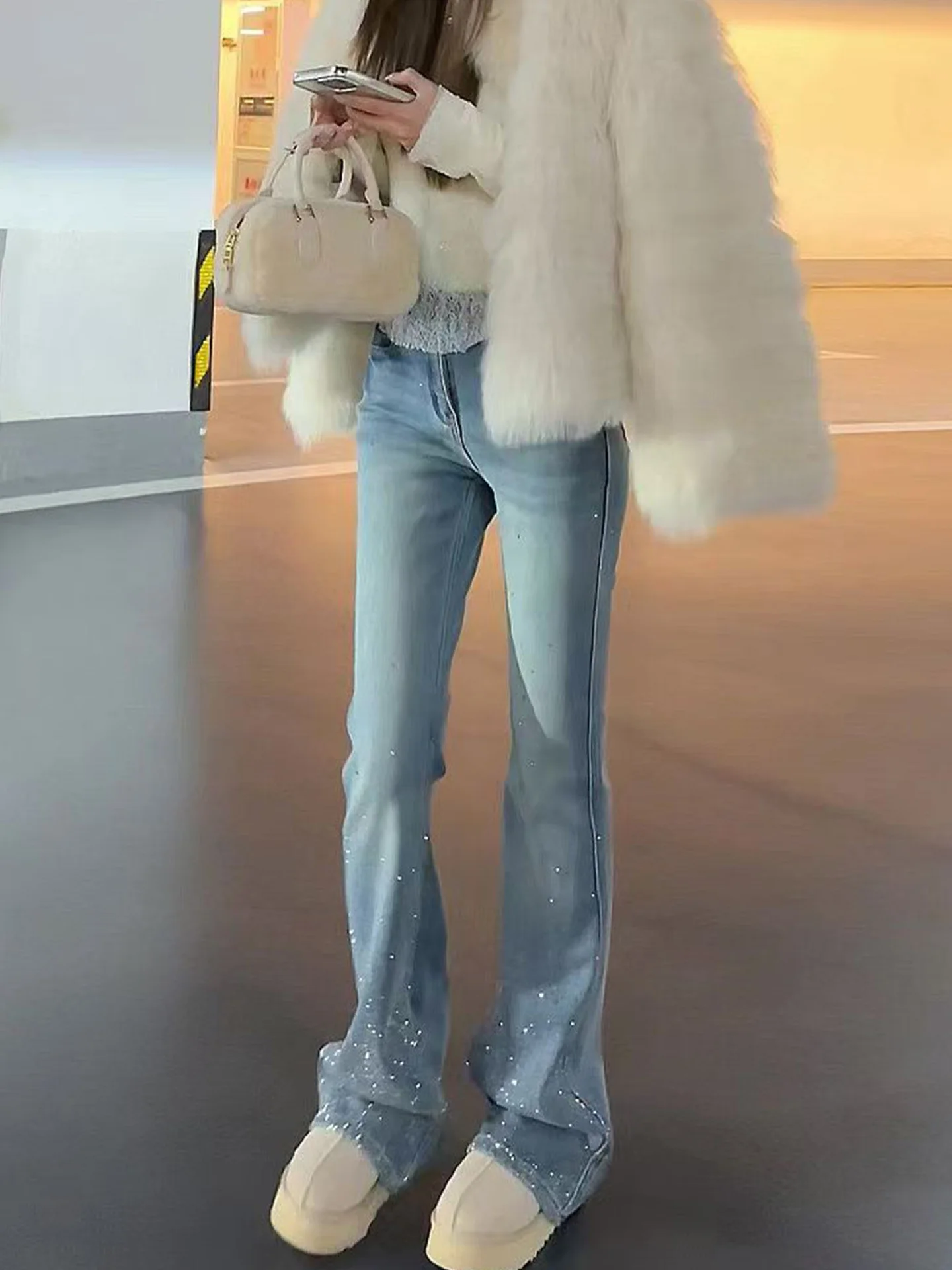 Fashionable High Waist Slimming Denim Jeans Women's Micro Flared Washed Blue Bell Bottoms Diamond Studded Retro Style