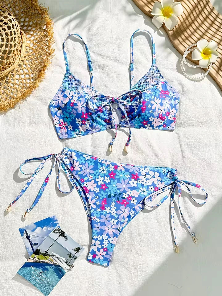 Vzvn Fashion Sexy Print Lace Up Beach Bikinis Women Split Swimsuit Vacation Bikini 2026 All Season Backless Bikinis 2 Piece Set