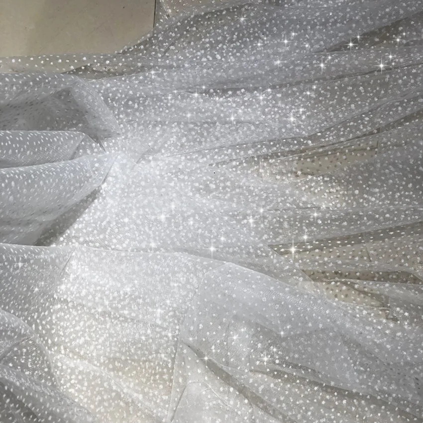 Super Fairy White Dotted Glitter Scene Dessert Bar Layout Mesh Soft Draping Fabric for Wedding Dress Fabric