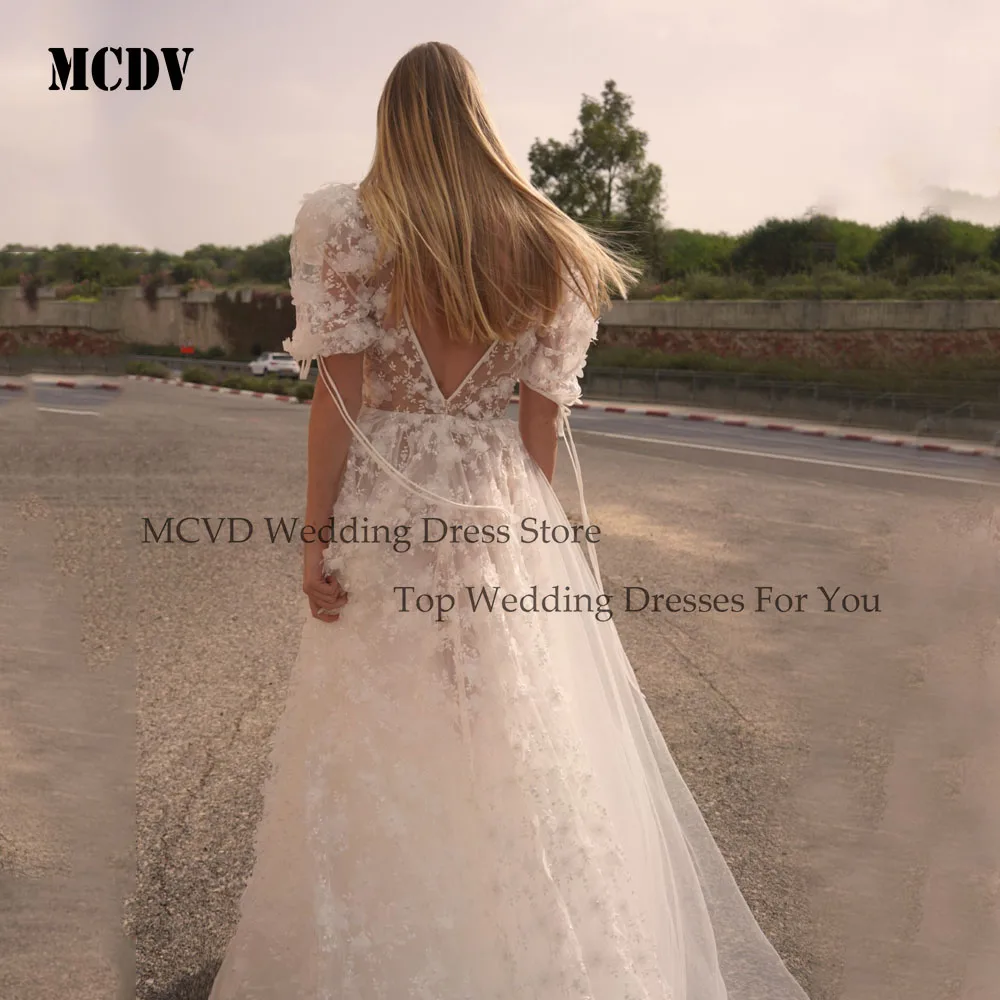 MCDV personnalisé col en V profond 3D dentelle florale robe de mariée manches courtes bouffantes robe de mariée bohème pour la cérémonie de mariage