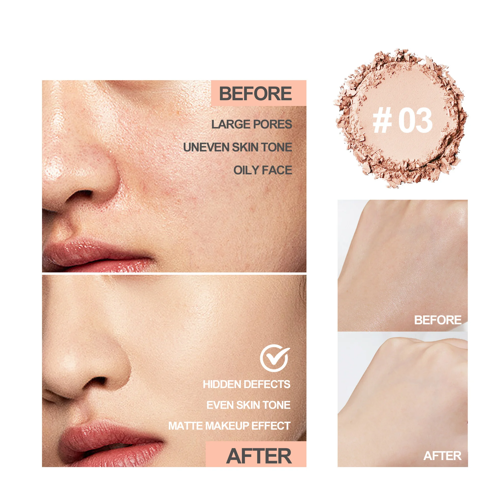 Polvere pressata per il viso opaca a 8 colori 24 ore di controllo dell'olio Fondotinta in polvere con impostazione naturale Copertura completa Trucco duraturo impermeabile