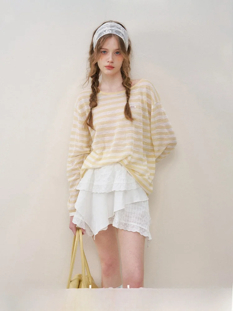 

Kroche Lemon Bubble Water Stripe Color Blo Bal Thin Cover up Air Conditioning irt Women's Loose Fit Long Sve Top