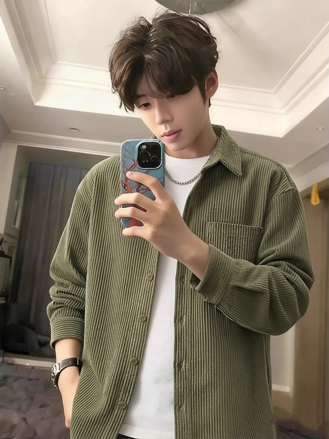 

Khaki Corduroy Long Sleeve Shirt Men's Spring American Retro Collar Workwear Jacket Striped Pattern Loose Fit Button Closure