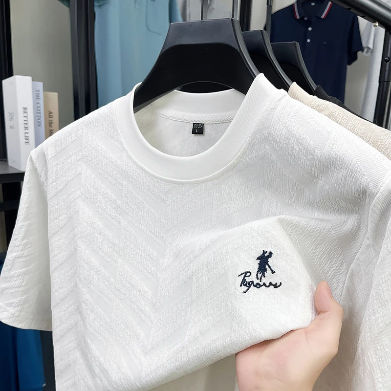2026 Summer Ice Silk Quick Drying Short Sleeved T-shirt Men's Jacquard Half Sleeved Round Neck Fashionable Upper Garment