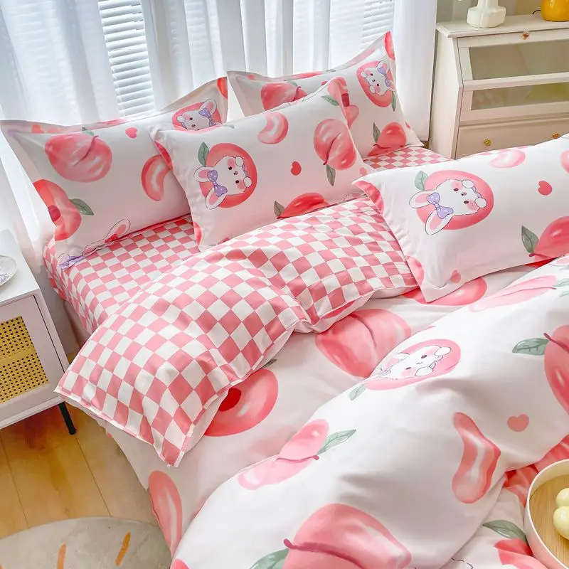 

Pink Peach Rabbit Bedding Set Thickened Brushed Washed Cotton Checkerboard Flat Sheet Pillowcases Girls Bed Linen Duvet Cover