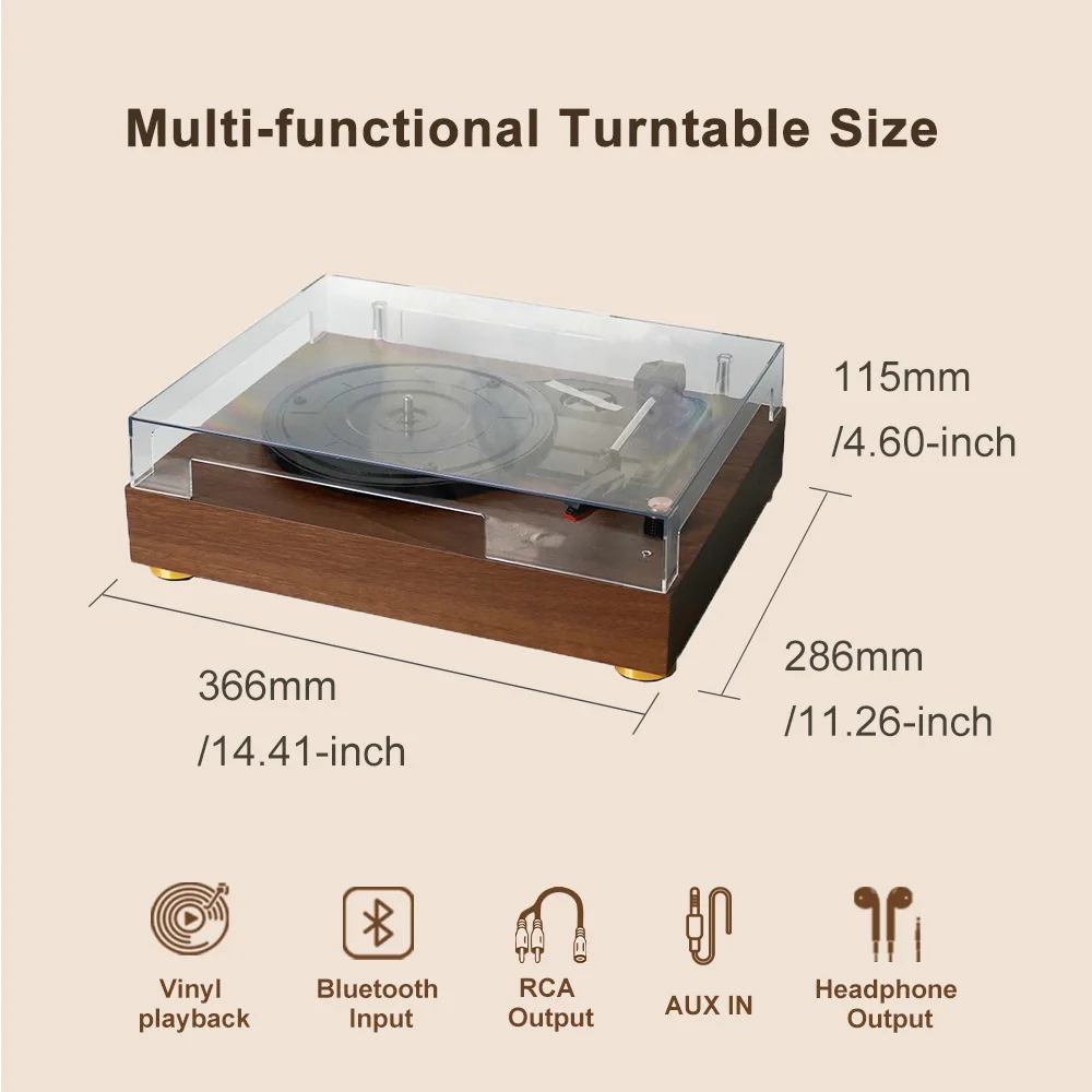 Vintage Wooden Turntable BT5.0+ Aux Input 3-Speed Vinyl Record Player with Built-in Speaker for Gift - view 6