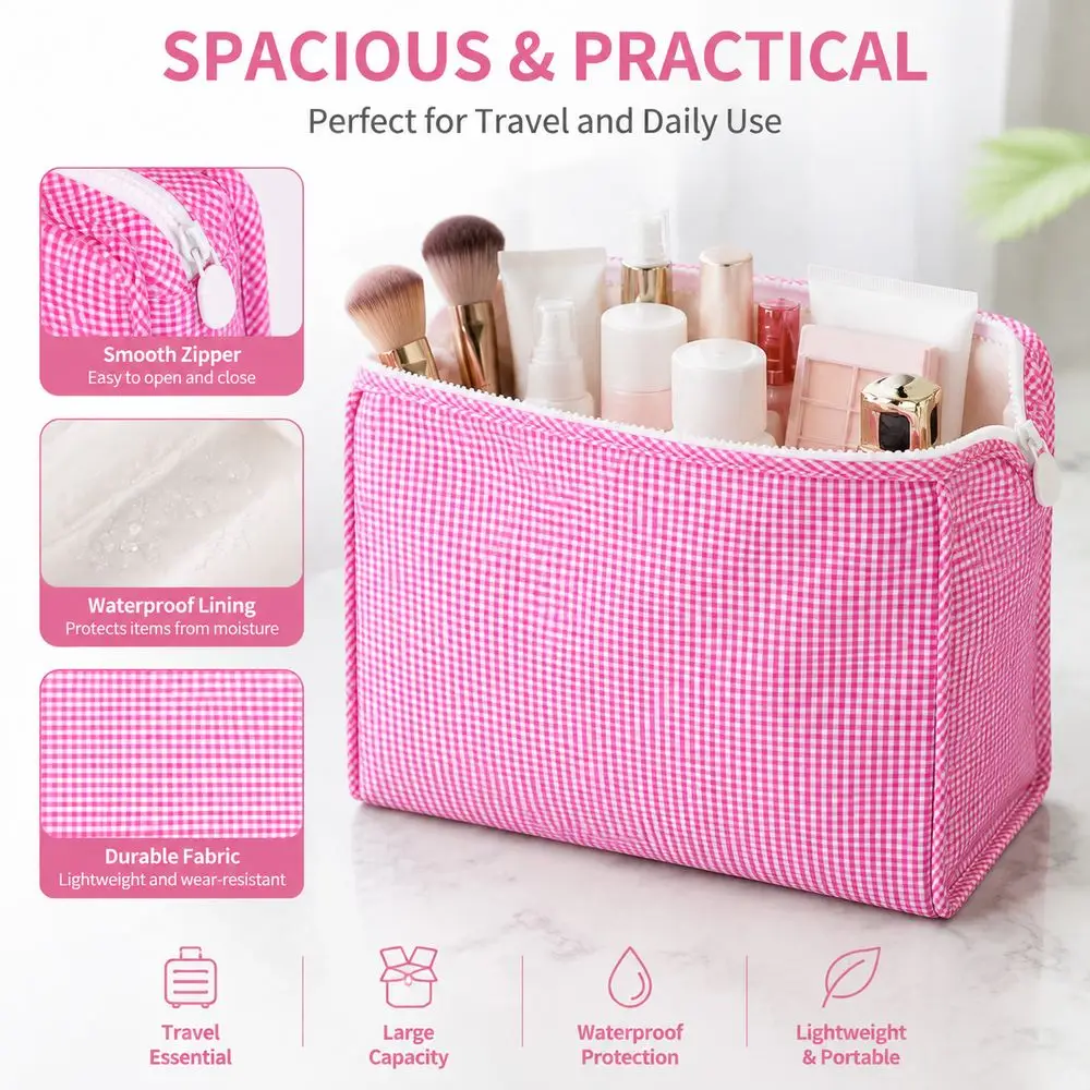 Gifts Plaid Pattern Makeup Bag Waterproof Zipper Closure Cosmetic Bag Fabric Wide Opening Toiletry Bag Business Trip
