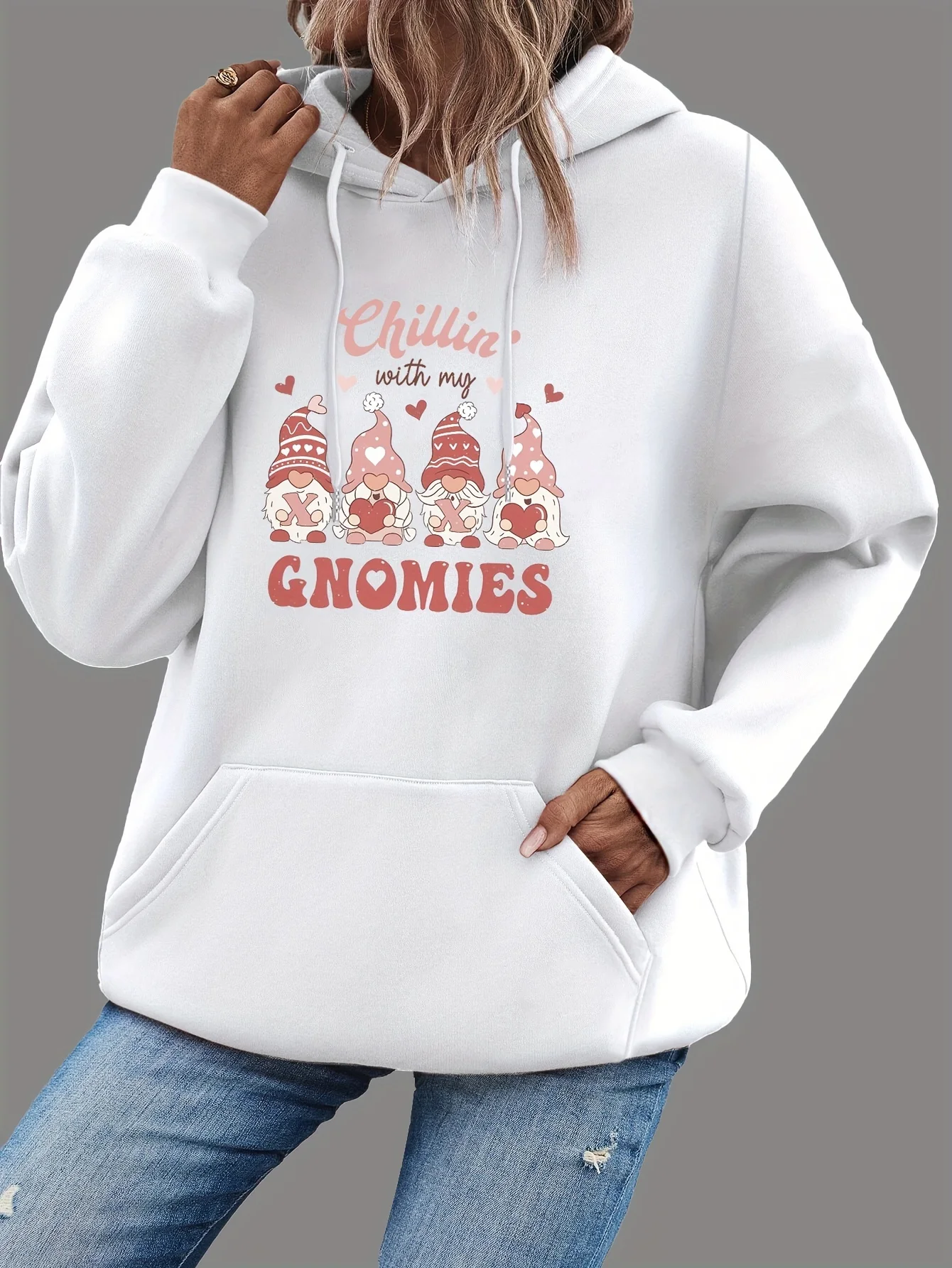 Christmas Midget Print Drawstring Hoodie, Casual Long Sleeve Pocket Hoodie, Sweatshirt