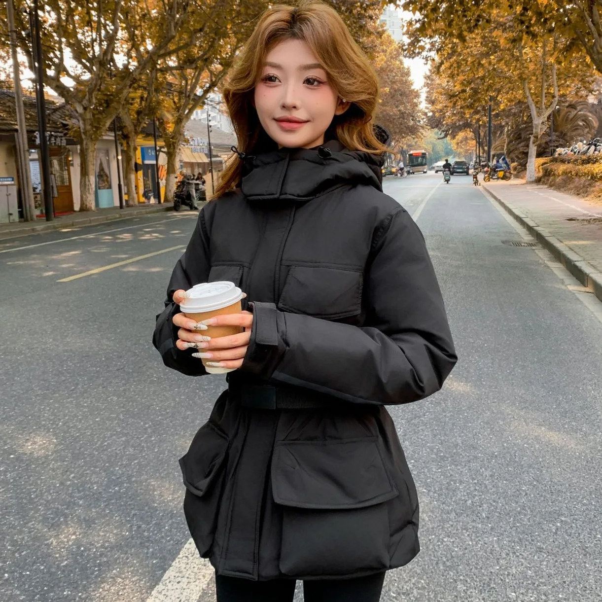 Women Mid Lenth Parkas Coats Hooded Oversize Jacket Solid Belted Waist Zip Straight Thick Office Lady Casual 2025 Autumn Winter
