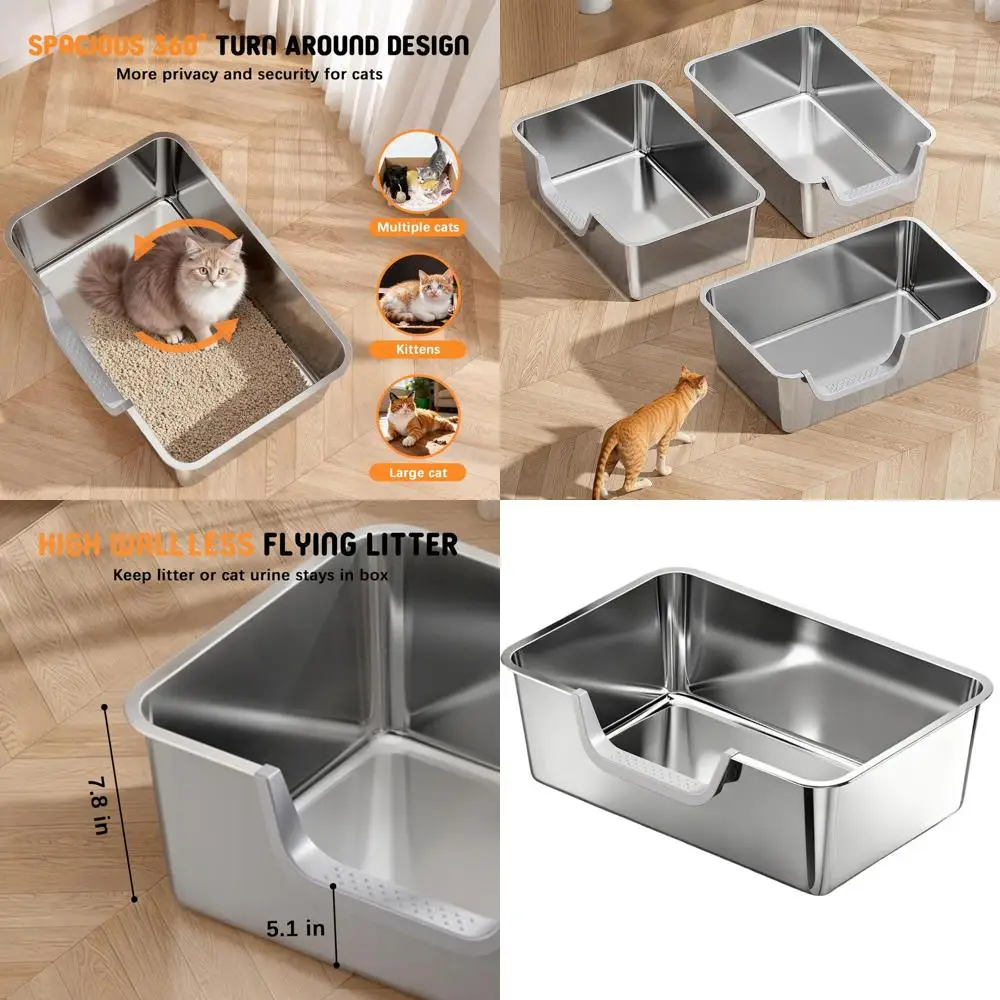 

Очень большой лоток для кошек из нержавеющей стали с высокими бортиками для крупных кошек, 23.6Д x 15.7Ш x 7.8В, нелипкий, защита от протекания (длинный)