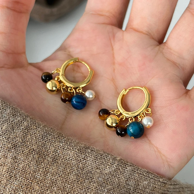 New Chinese Style Color Collision Natural Stone Beaded Earrings Autumn Winter Vintage High-End Feelings Ear Cuff for Women