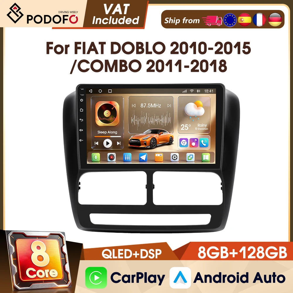 Podofo 2 Din 9" 8-Kern 4G Autoradio Stereo für FIAT DOBLO 2010-2015/COMBO 2011-2018 Autoradio Android Auto Multimedia-Videoplayer FM RDS 8+128G Bluetooth