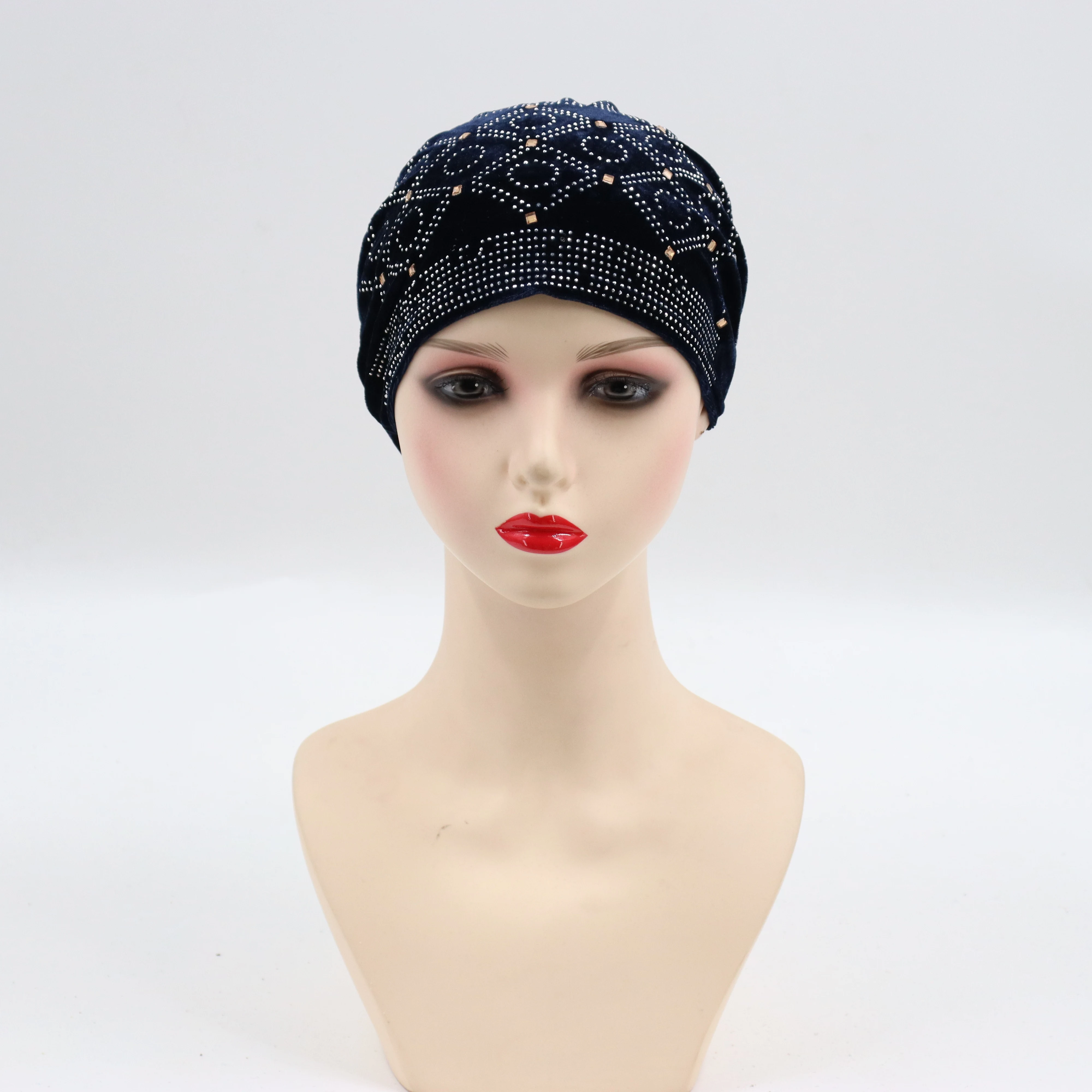 Winter Velvet Turban Cap for Women Stylish Glitter Diamonds African Head Wraps Muslim Headscarf Bonnet Elastic Female Headpiece