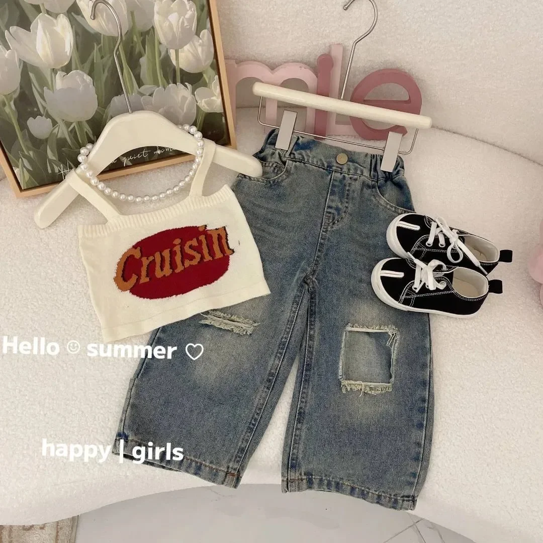 

Girls' Middle and Children's Summer Clothes Girls' Summer Set 2025 New Children's Knitted Strap Jeans Two Piece Set