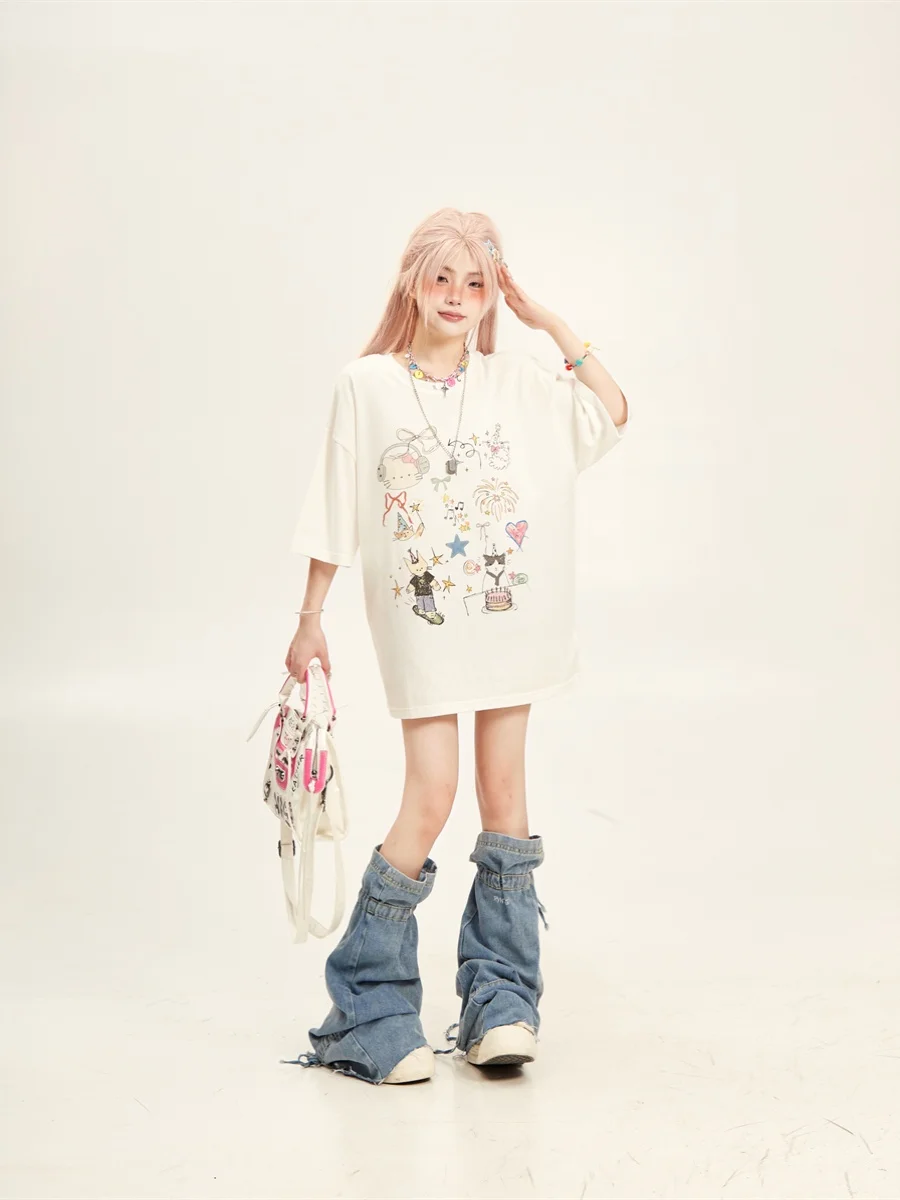 Chic Korean Style Short Sleeve T-Shirt Women's Summer Slimming Print Top Cute Graffiti Design Beautiful Loose Fit round Neck