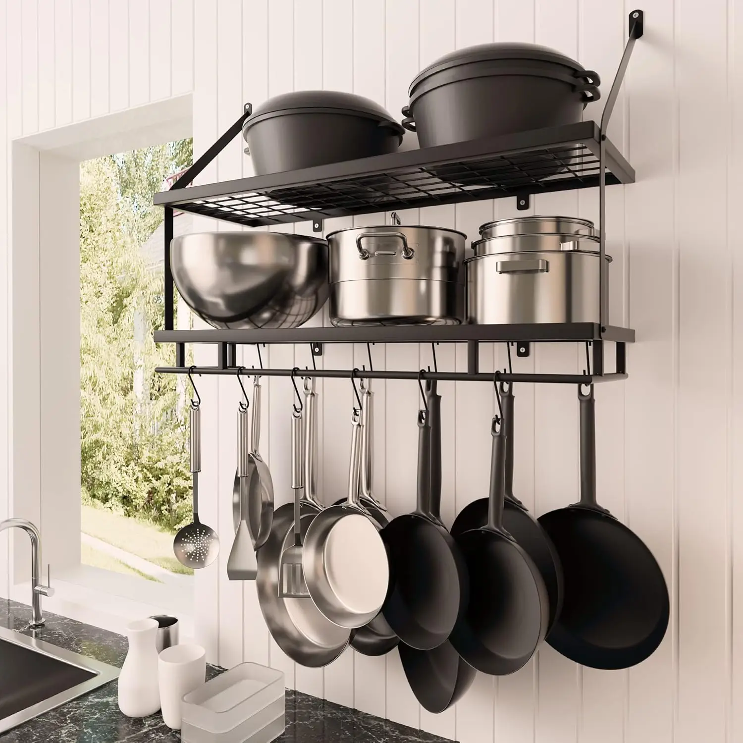 Étagère murale à 2 niveaux pour rangement et organisation de cuisine, pot de cuisine noir, 30 po, monté en face T1, 256