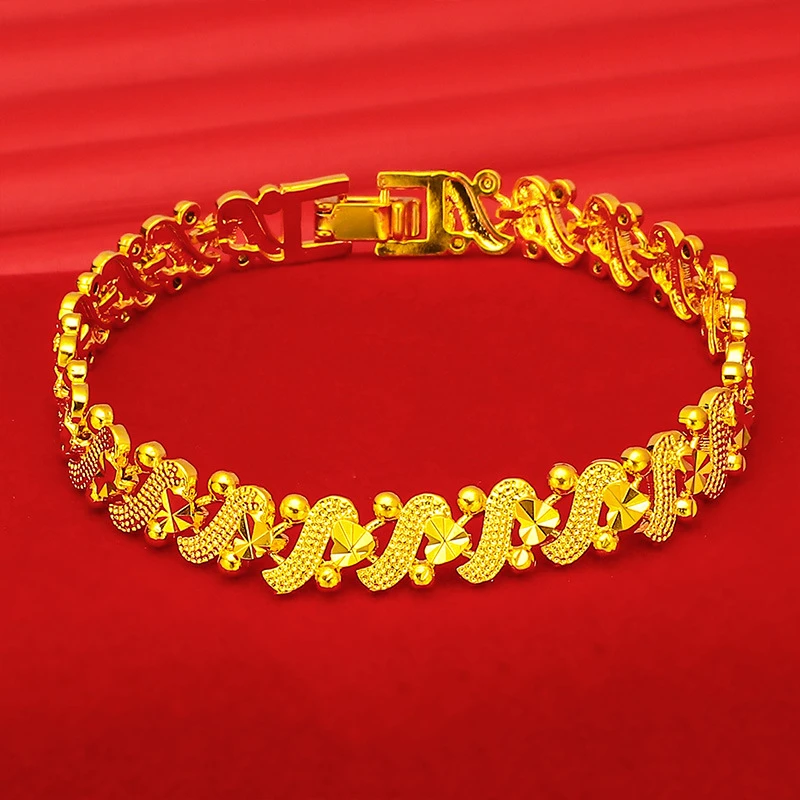 XT Fashion 24K Real Gold Color Bracelet 8mm Wide For Women Men\'s Elegant Gold Plated Chain Bracelets Jewelry Gifts 18.5cm