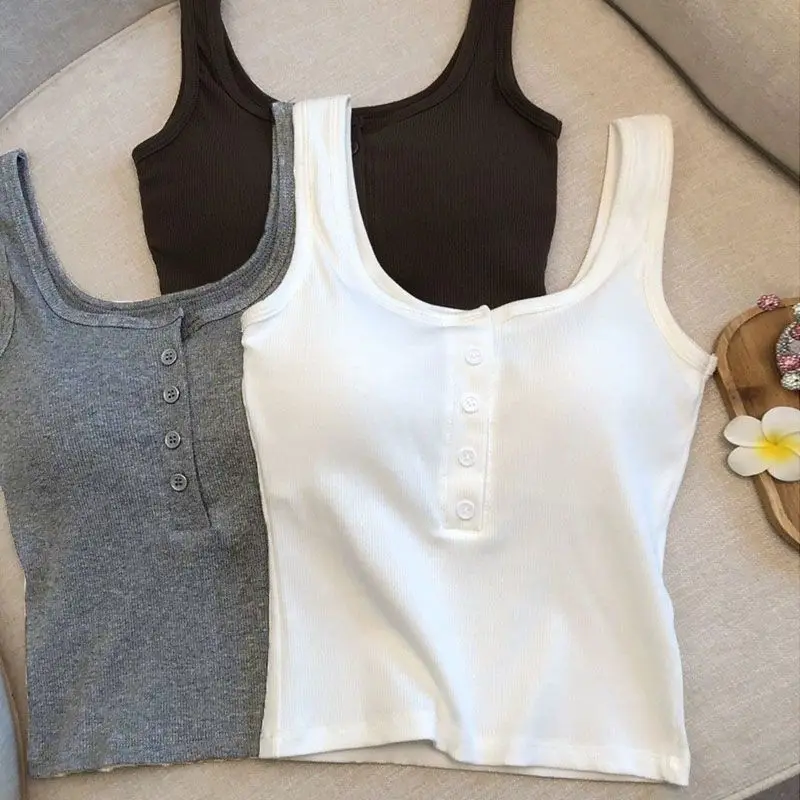 1-teiliges geripptes Henley-Tanktop für Damen, ärmelloses Camisole-Top mit quadratischem Ausschnitt und Knopfleiste vorne und integriertem BH – Detail 1