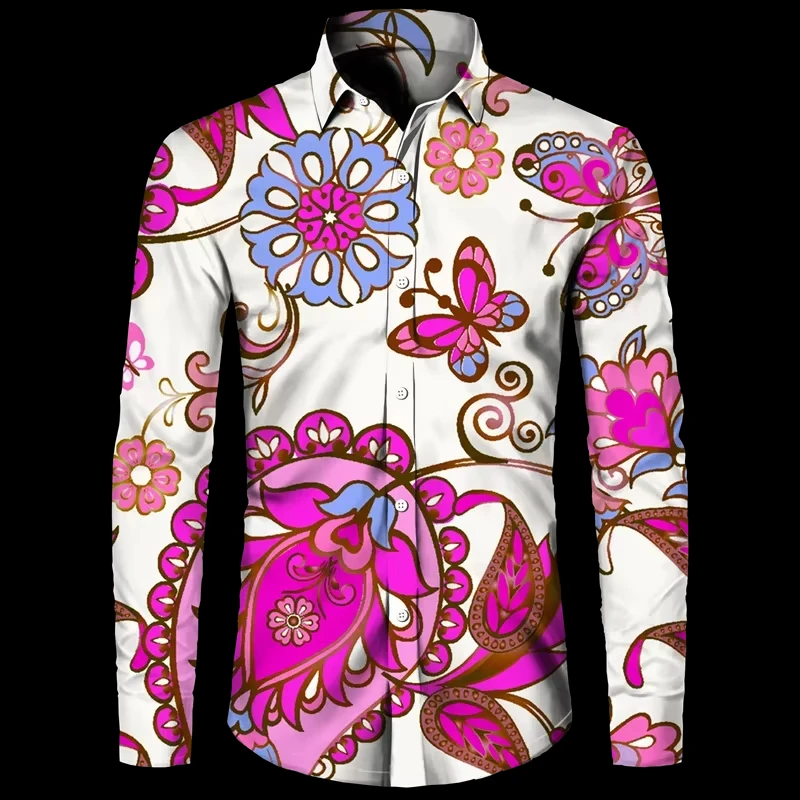 New Fashion Men's Shirt Paisley Cashew Flower 3D Print Turn-down Collar Button Long Sleeve Tops Vintage Men Streetwear Clothes，