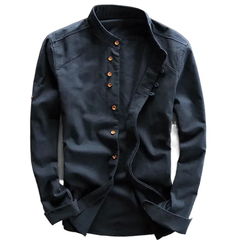 Lässiges Leinen-Stehkragenhemd für Herren im japanischen Stil, einfarbig, langärmelig, schlank, trendig, atmungsaktiv, Retro, klassischer Top-Mantel
