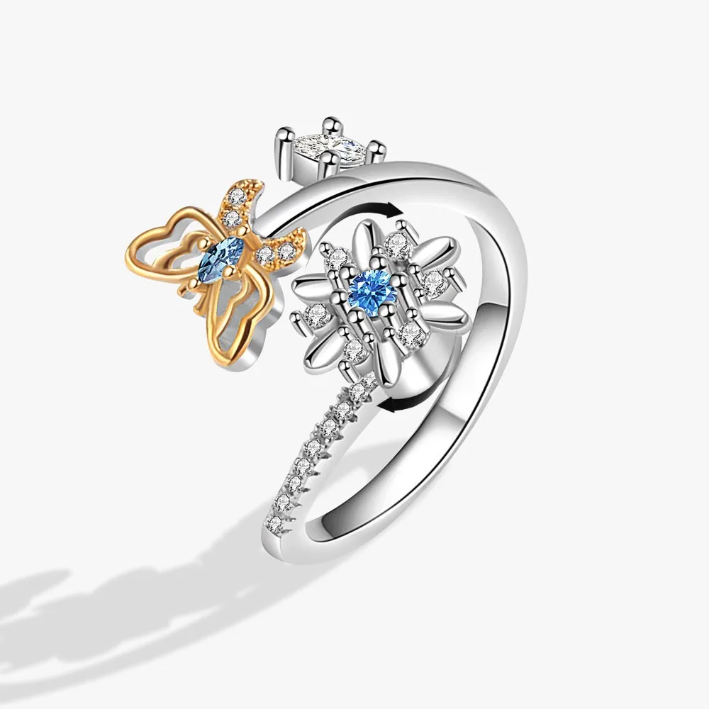 Adjustable Flower & Butterfly Rotation Anti Anxiety Relaxing Ring For Women Stress Relief Aesthetic Wedding Fashion Jewelry Gift