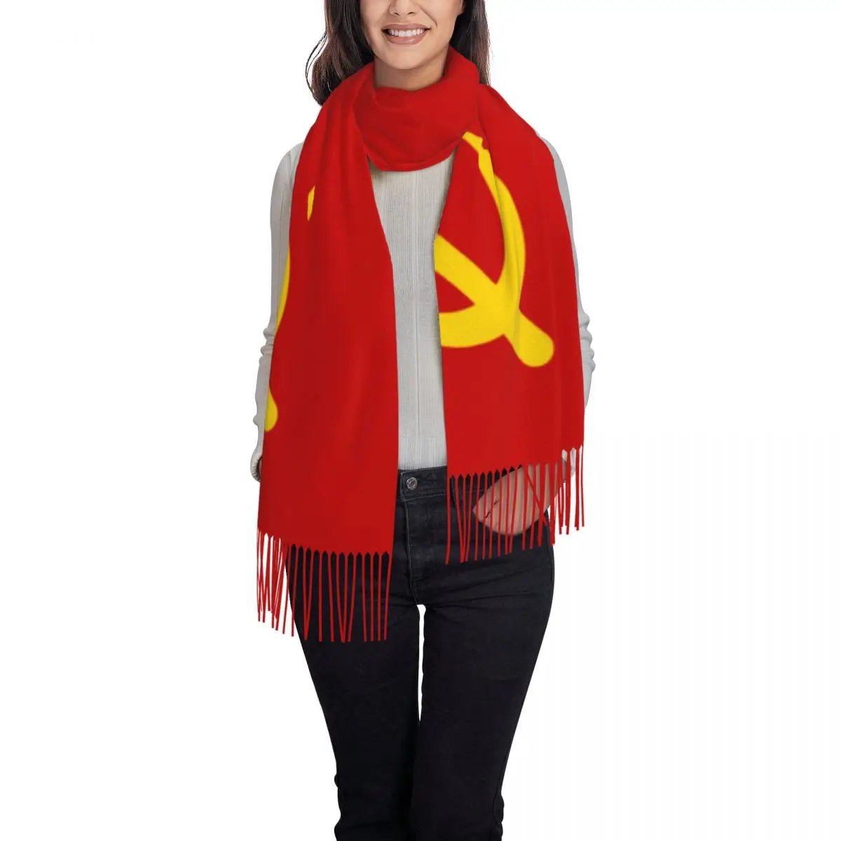 Custom Retro Russian Soviet Flag Tassel Scarf Women Soft USSR Hammer and Sickle CCCP Shawl Wrap Ladies Winter Scarves