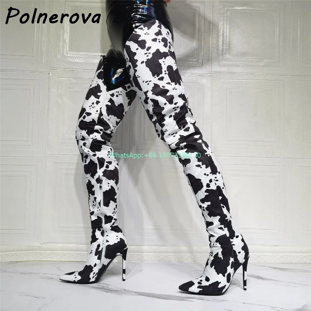 Cow Pattern Long Boots Pointy Toe Thin Heels Zipper Tight High Shoes Large Size Hotties Sexy Fashion Runway Stiletto Boots