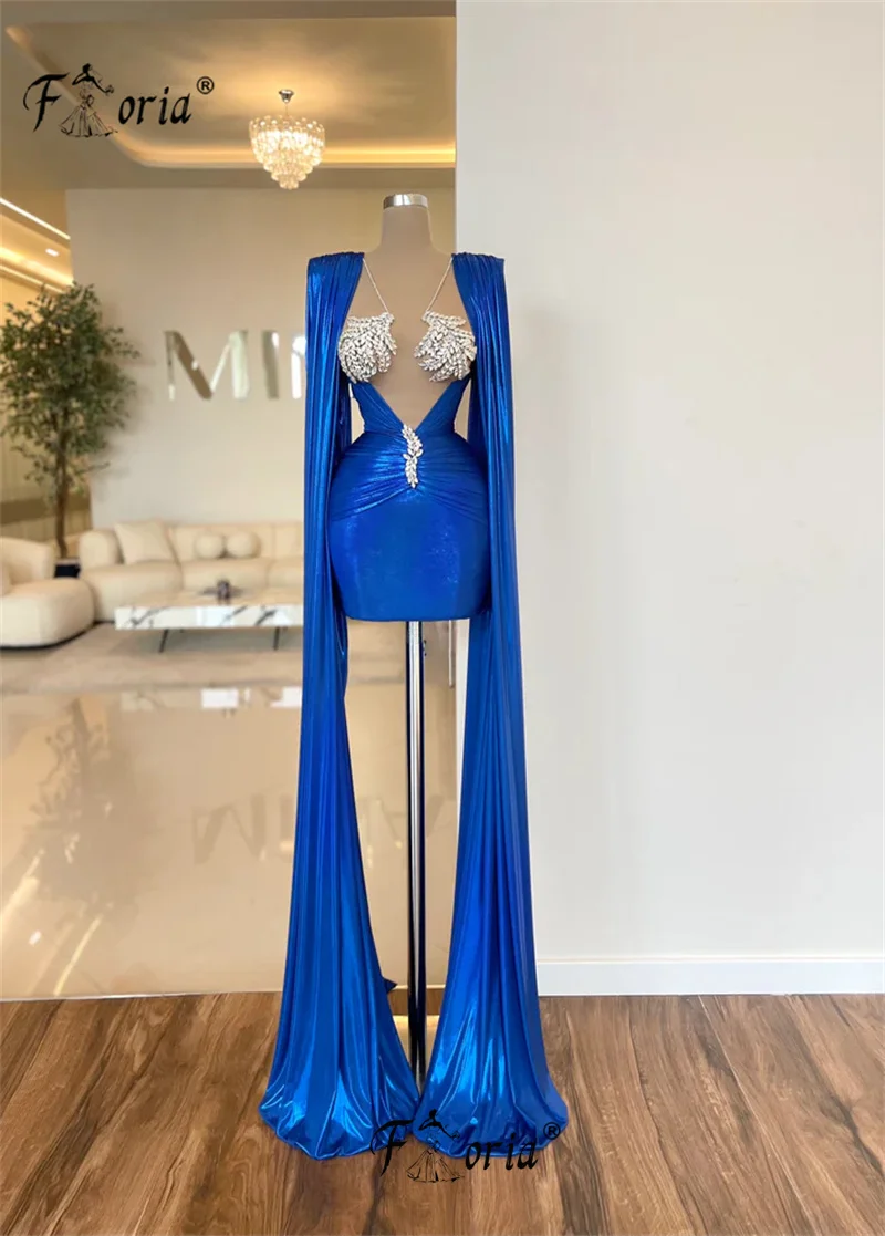 Glitter Fabric Blue Sheer Crystal Cocktail Dresses with Long Shawl Plus Size Pleats Short Prom Dress Birthday Dresses Luxury