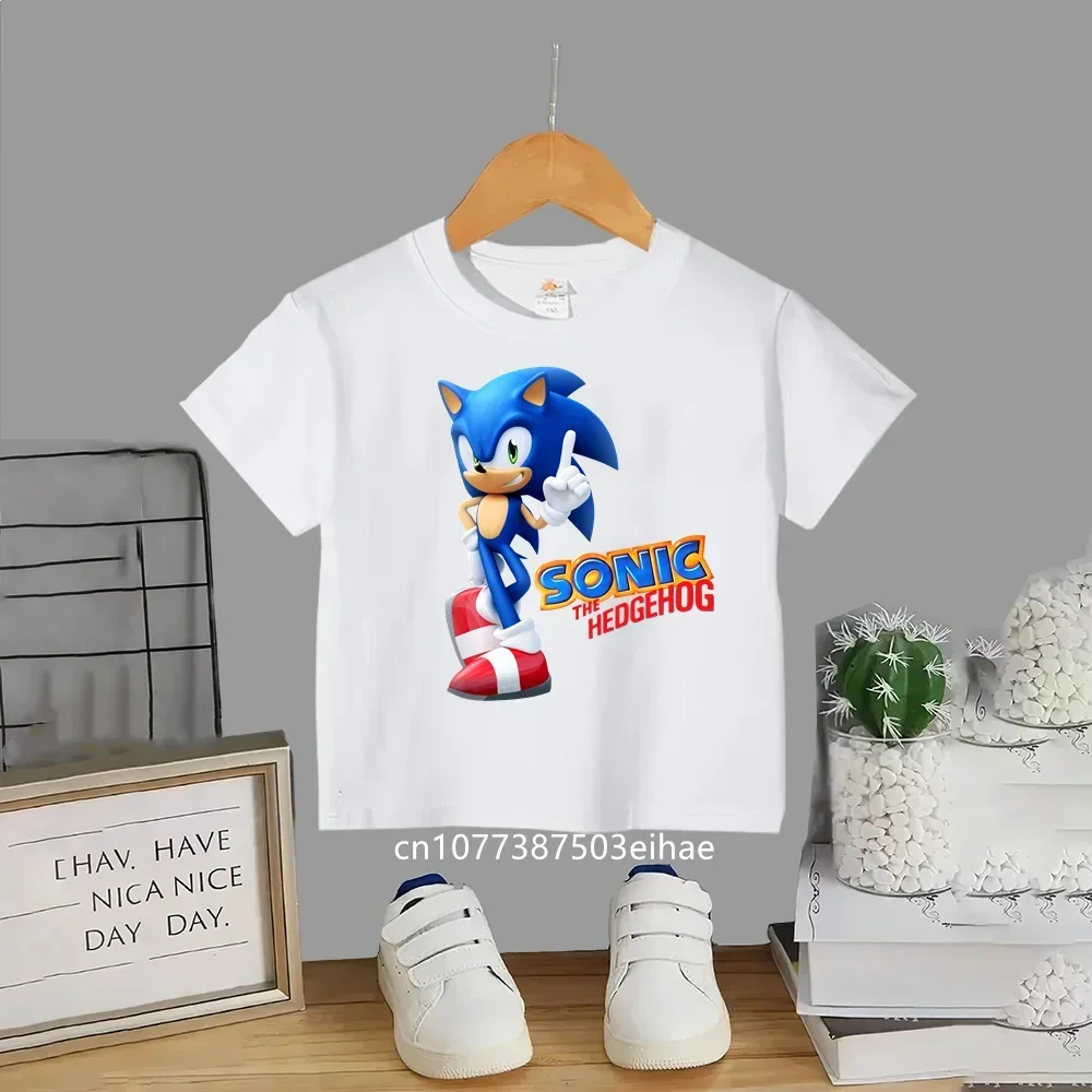 Summer Short Sleeve Kids T-Shirt Anime Sonic Cartoon Pattern Round Neck Casual Fashion Comfortable Breathable Daily Play Clothes