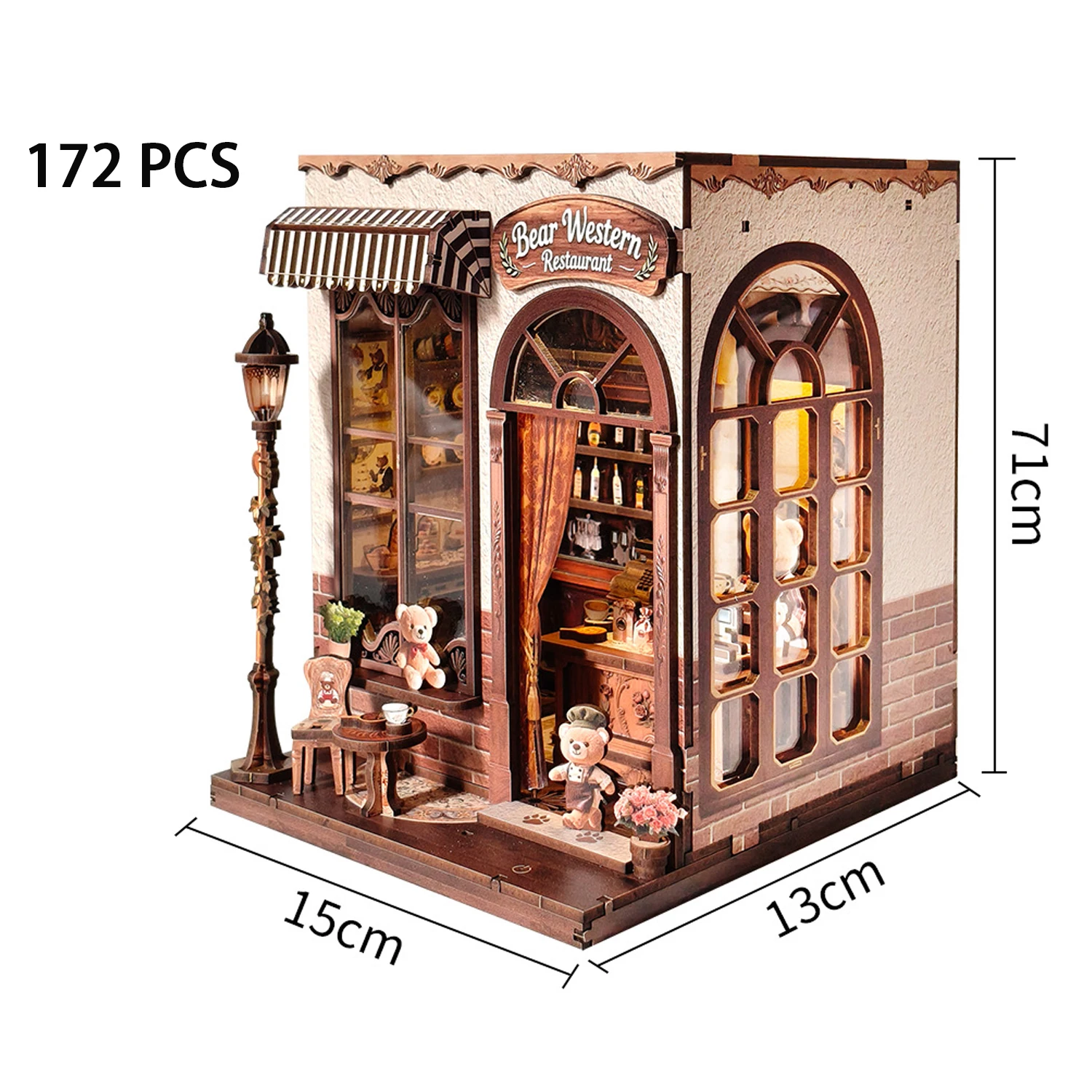 DIY Wooden Miniature Model Kit Bear Western Restaurant Casa 3D Puzzle Doll Houses With Furniture for Friends Birthday Gifts