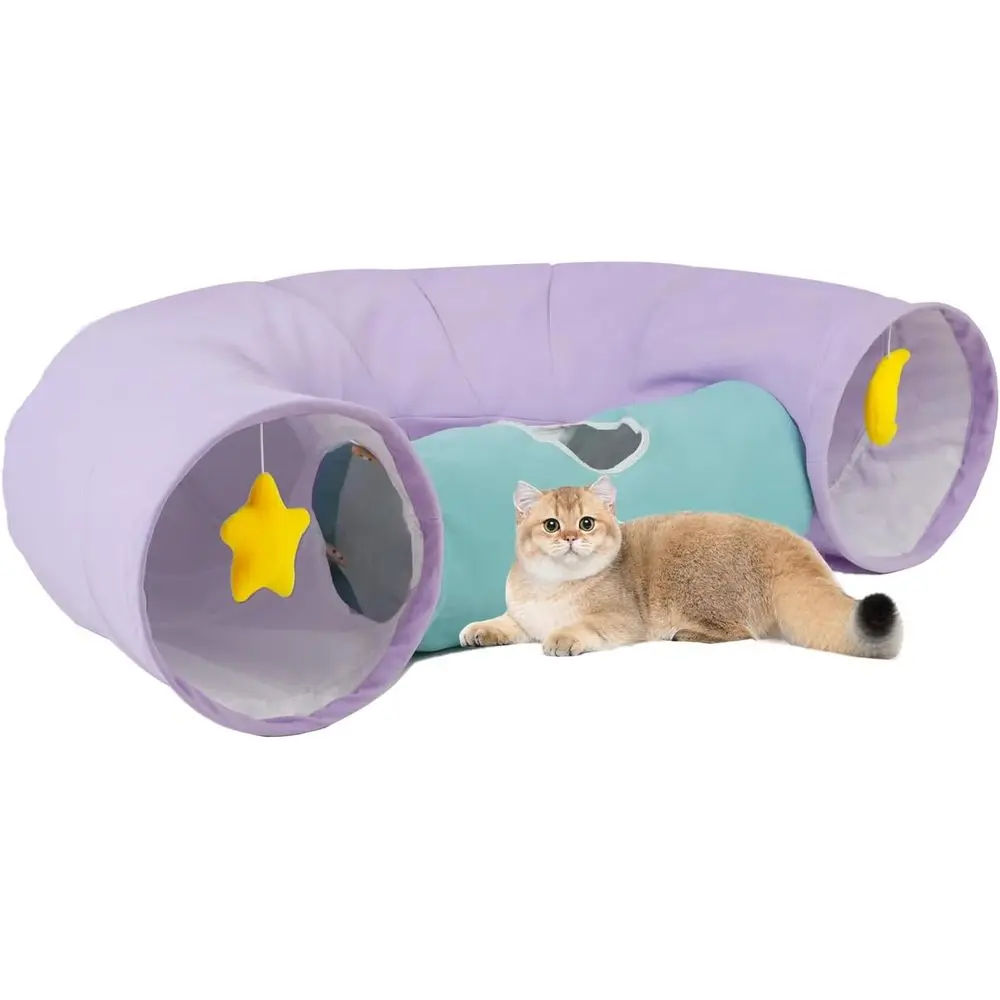Large Indoor Durable Collapsible Interactive Cat Tunnel with Peek-A-Boo Hole, Hanging Toys, and Crinkly Paper Lining - Cute Tunn