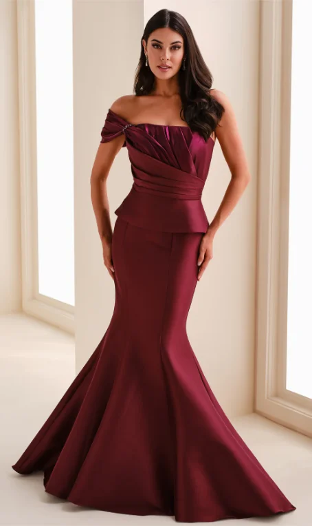Evening Dresses Burgundy Blush Pink Women's Formal Evening Gowns Off-the-Shoulder Satin Mermaid Peplum Prom Dresses