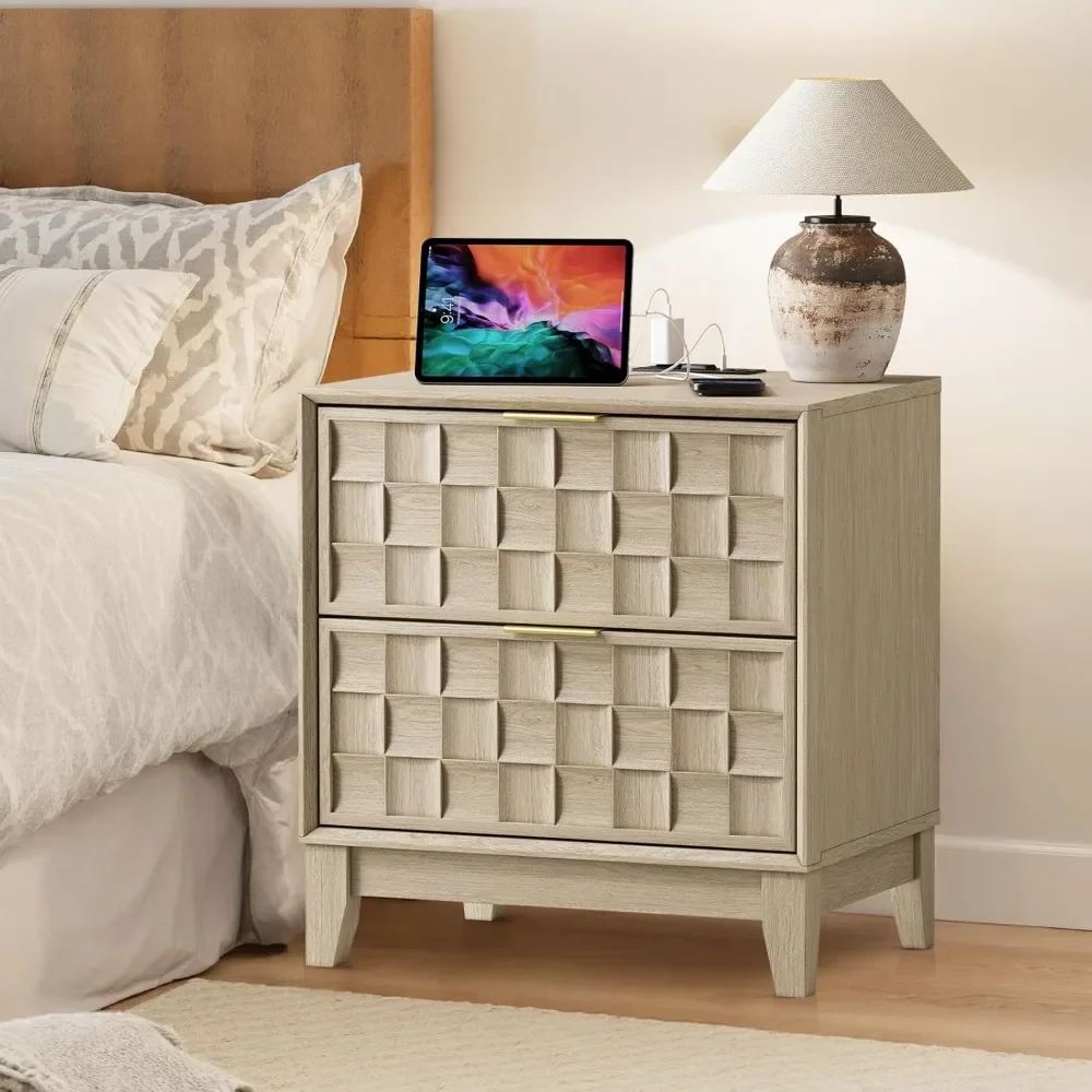 

End Tables, Nightstand with Charging Station, Modern Bed Side Table with 2 Storage Drawers for Bedroom Dorm and Small Spaces