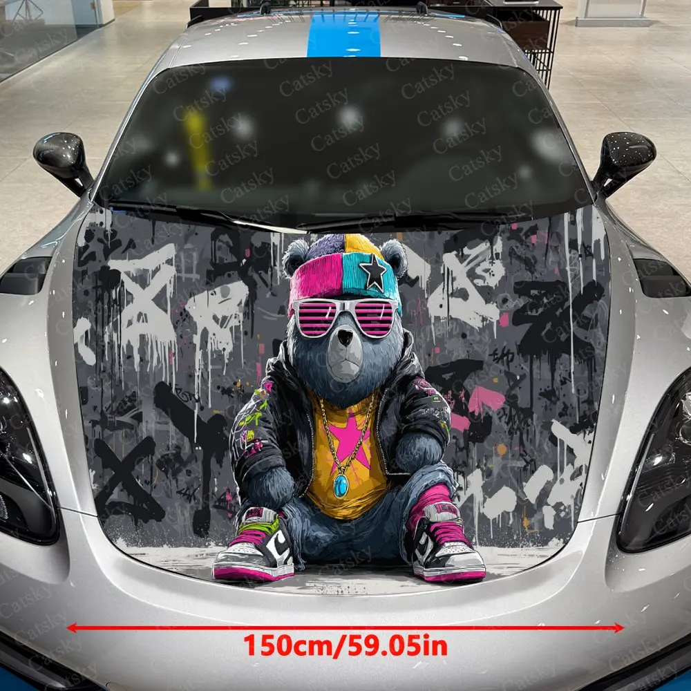 Splatter Graffiti Trendy Bear Car Vinyl Wrap, PVC Waterproof Car Hood Sticker, Self-Adhesive Scratch-Resistant Stickers