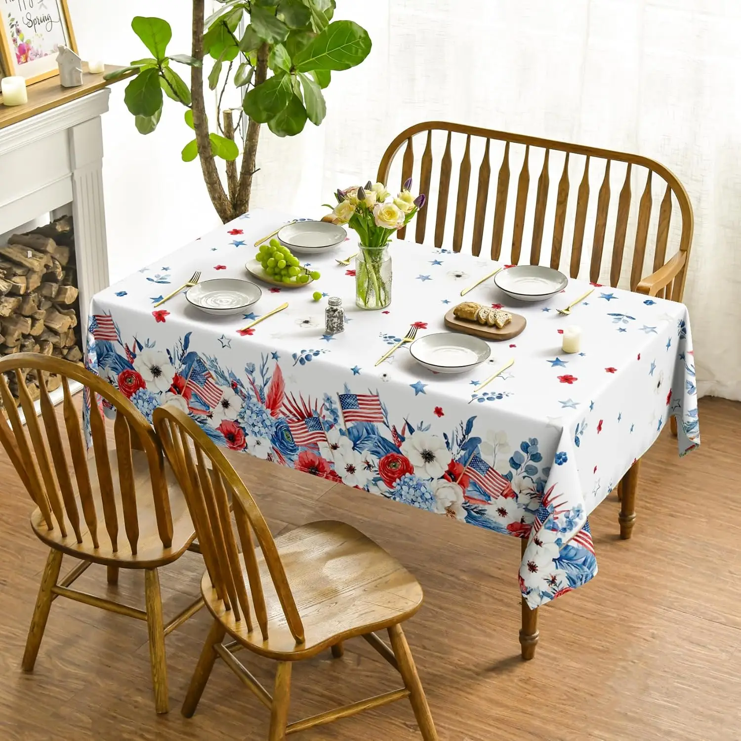 4th of July Rectangle Tablecloth Home Decor Patriotic Star Flower Rose Hydrangea Table Cloth Independence Day Memorial Day Decor