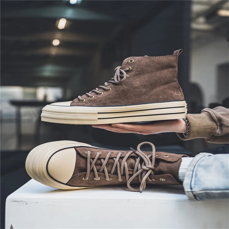 New Arrivals Fashion Brown Canvas Shoes For Men Platform Non-slip Men Vulcanized Shoes Lace-up Comfortable High Top Sneakers Man