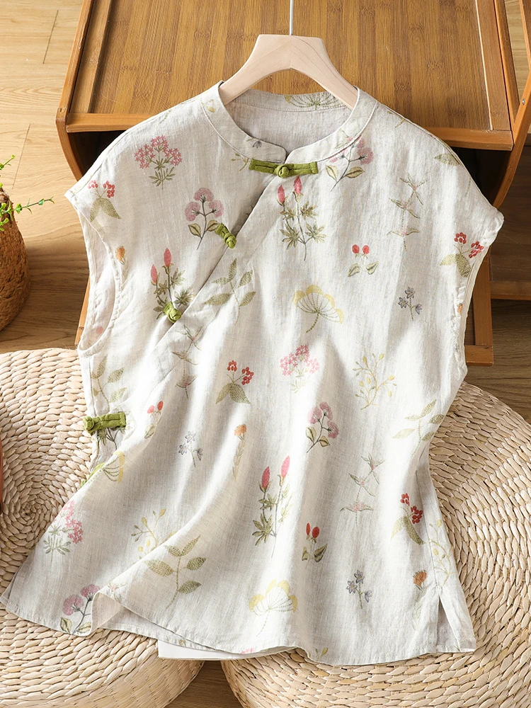 New Chinese Style Embroidered Stand Collar Sleeveless Shirt Women Summer Loose Loose Side Button Floral Print Small Shirt Top