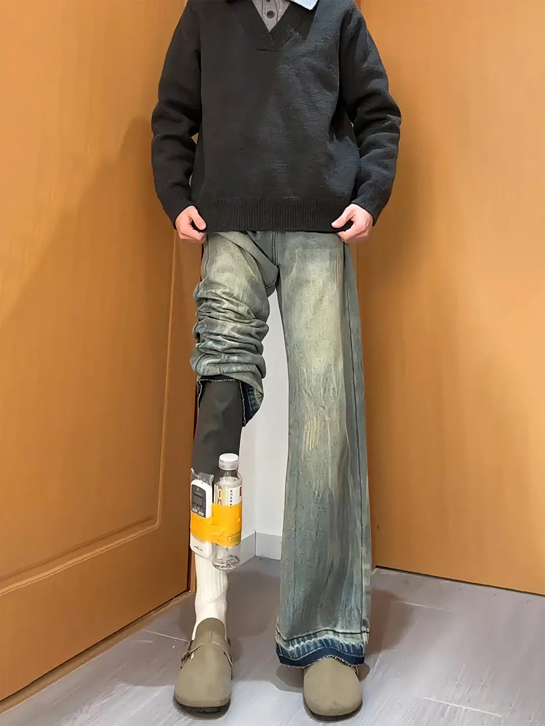 

Blue Whisker Design Flared Jeans Men's Slim Fit Straight Leg Jeans Winter Season Frayed Knife Sli Jeans