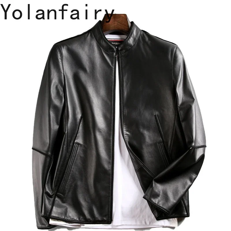 YOLANFAIRY Sheepskin Mens Jacket Spring Autumn Short Coats Genuine Leather Black Jackets for Men Slim Fit Saco Hombre Casual