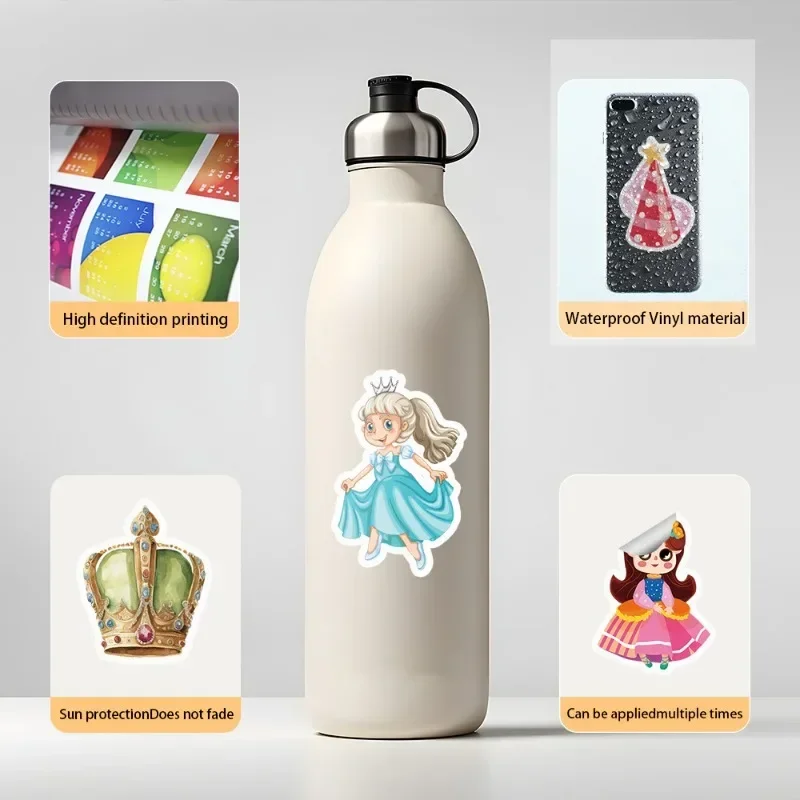 50pcs/bag Cartoon Cute Princess Series Crown Stickers Waterproof Paster for Phone Case Hand-account Children Sticker Toy