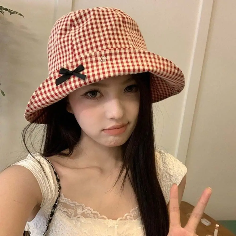 Stylish Black Bowknot Plaid Bucket Hat Casual Versatile Wide Brim Sun Hat Gingham Check Dome Basin Fisherman Hat Travel Outdoor