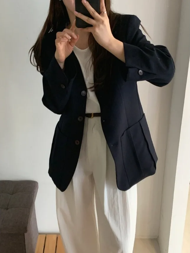 

Chic Simple V-ne Single Button Women's Suit Jaet Ele Pure Color Long Sve Loose Fit Autumn New Arrival