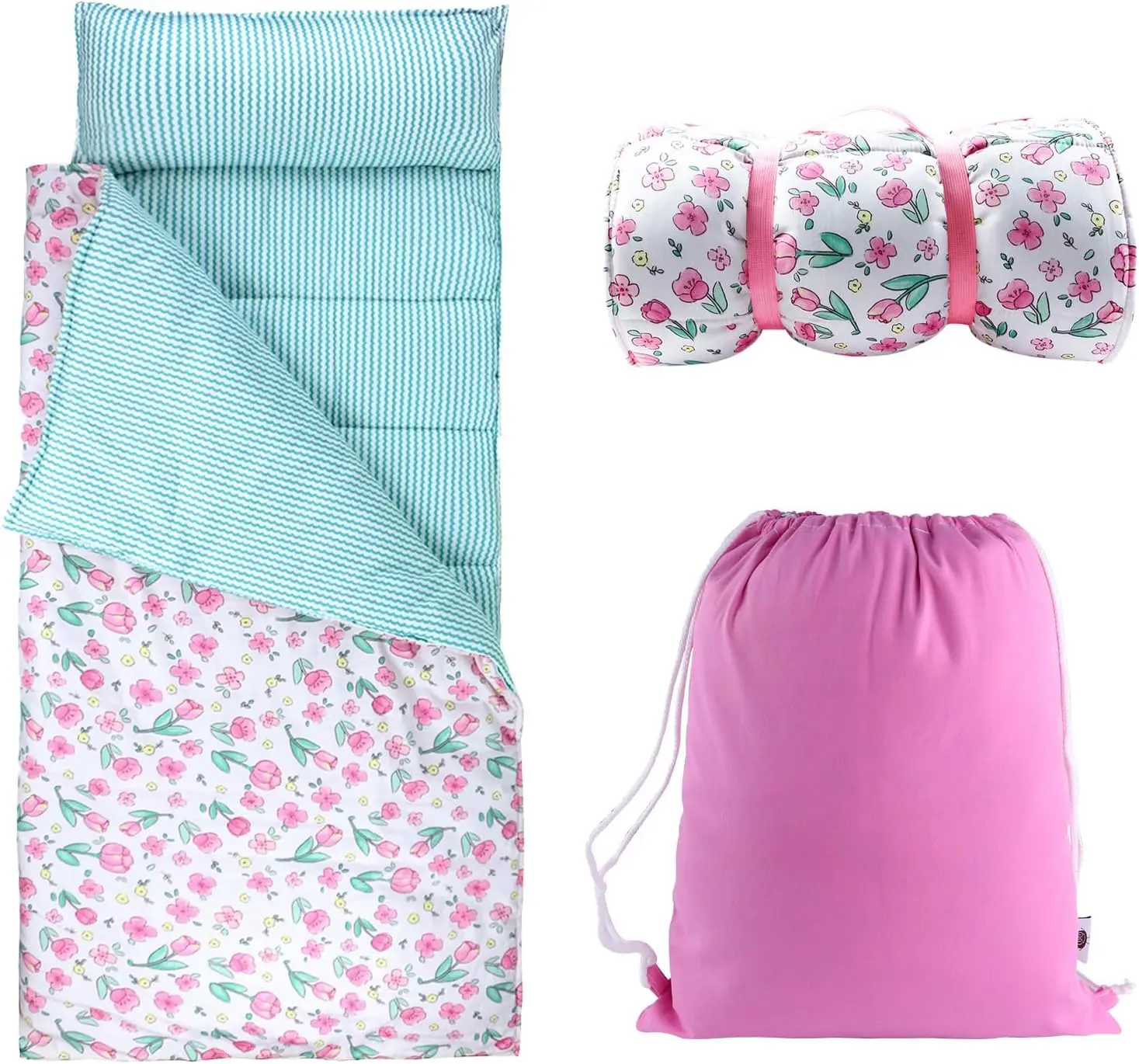 

Toddler Nap Mat with Removable Pillow & Soft Blanket, Lightweight Sleeping Bag for Kids Girls Boys