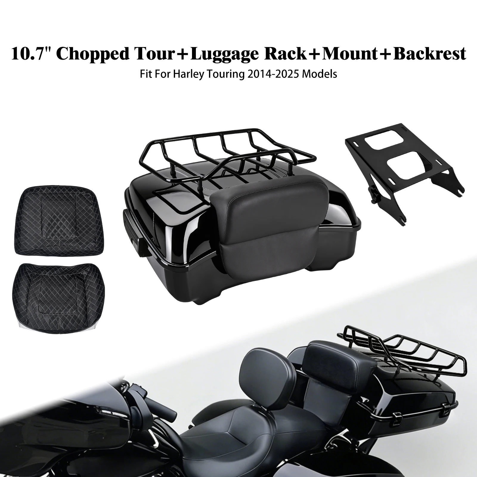 Motorcycle 10.7'' Chopped Tour Luggage+Backrest+Rack Mounting Kit For Harley Touring 14-25 Road King Street Electra Glide FLTRX
