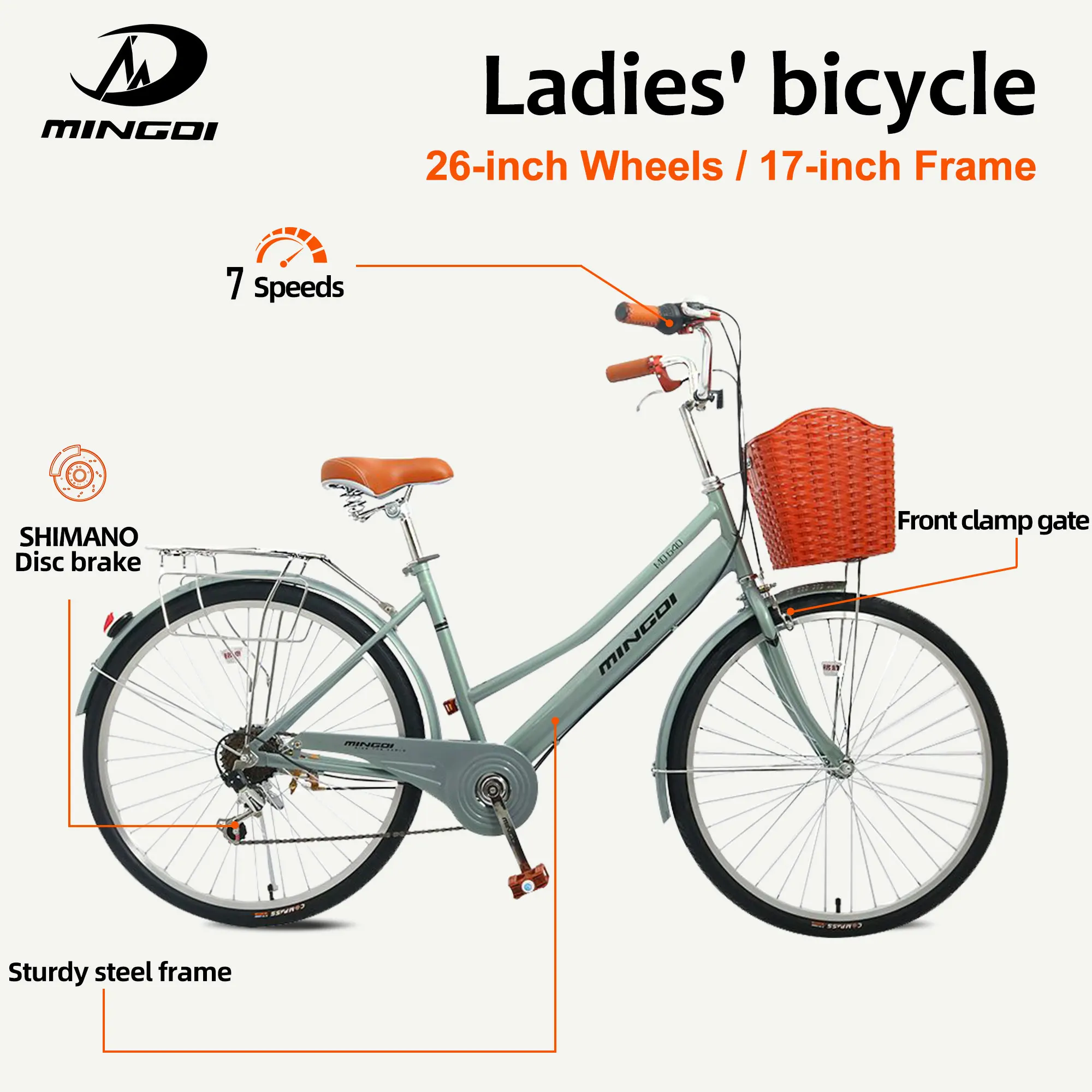 26 Inch Ladies City Commuter Bike 7 Speed Disc Brake Steel Frame Wicker Basket Rear Rack Comfort Saddle Chain Guard Front Fork