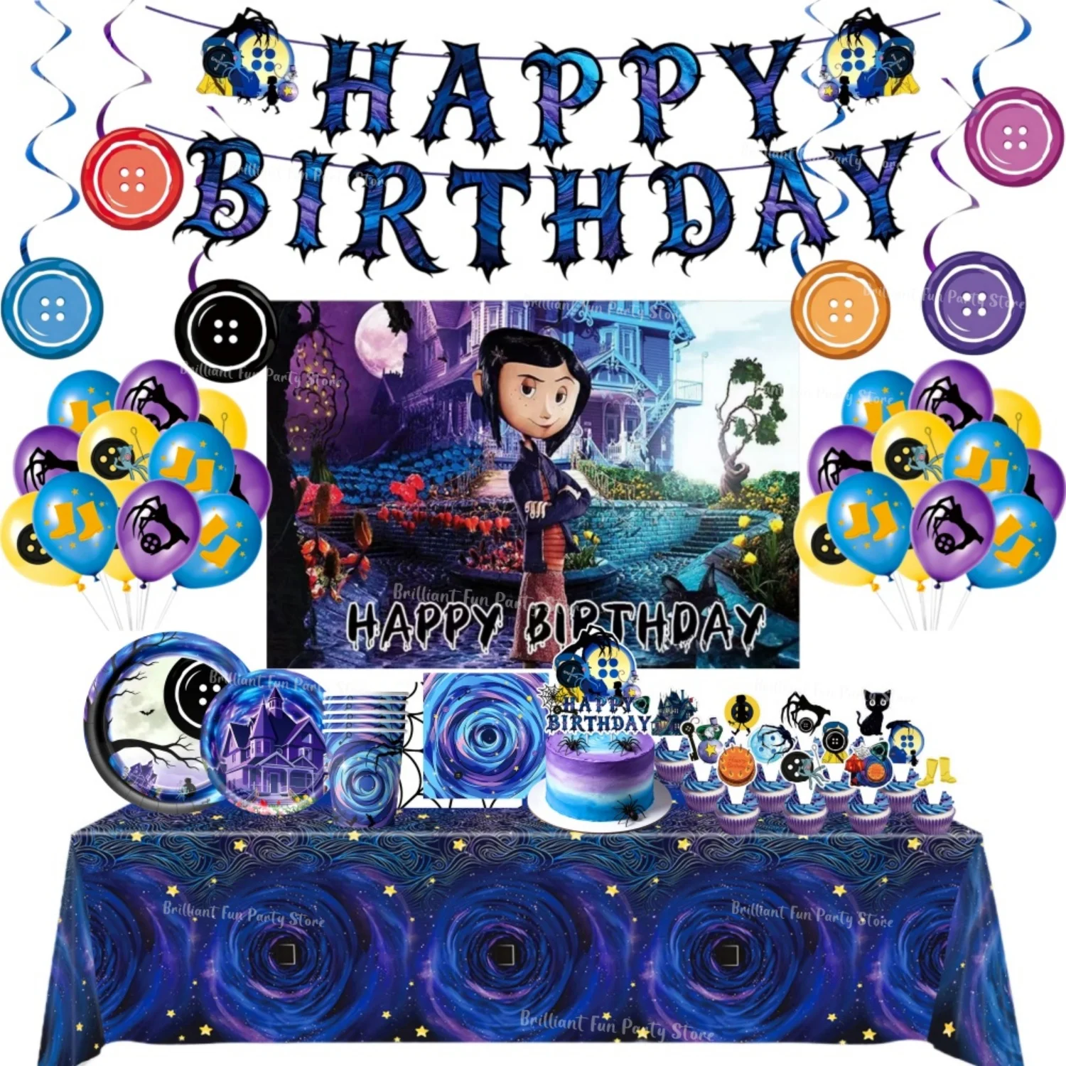 Coraline Horrorfilm Geburtstagsdekoration - Sternennacht Geisterhaus Einweggeschirr für Kinder Babyparty Zubehör