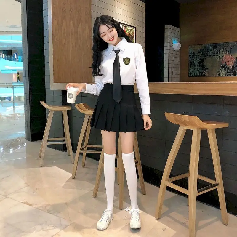 School Girl Uniform Two-piece College Style Pleated Skirt Suits Women's Suits Summer Loose Shirt Female Student Korean Uniform