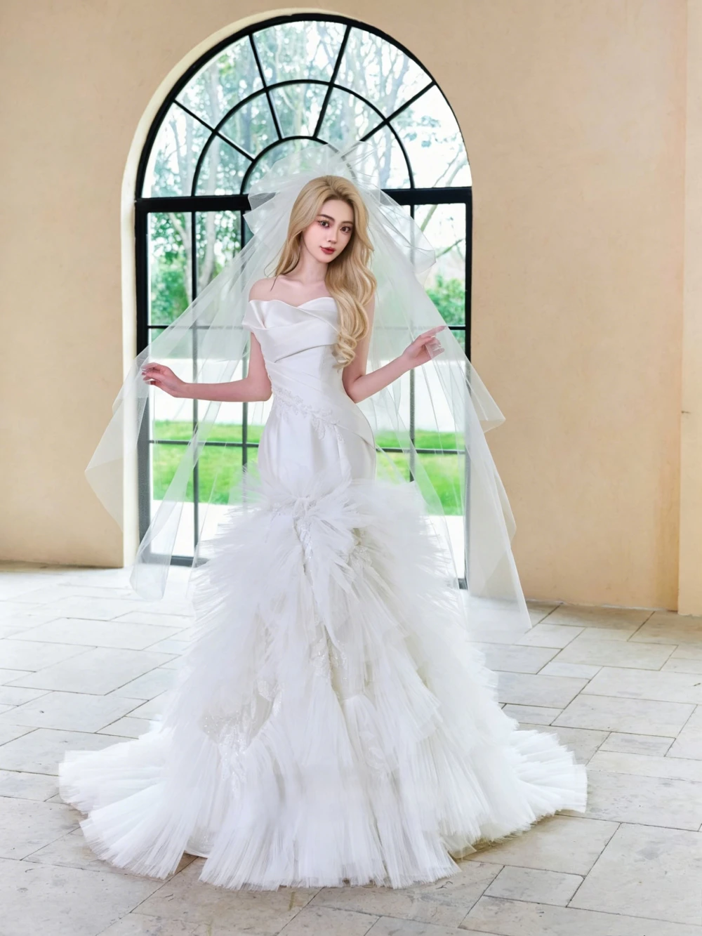 Customized Modern Origami Satin Mermaid Wedding Dress Dramatic Tiered Ruffle Tulle Train Matching Bow Veil for Bridal Reception