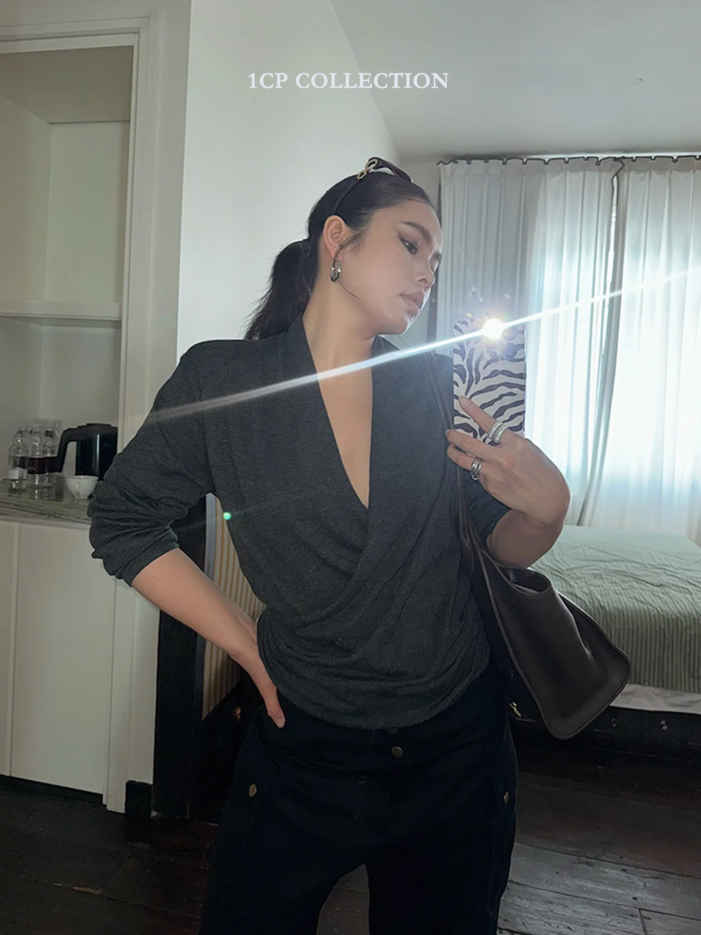 

ey Knitted Wool Cross Collar Women's Top 2025 Autumn Winter New Sle Versatile High Quali Casual Loose Fit Long Sve